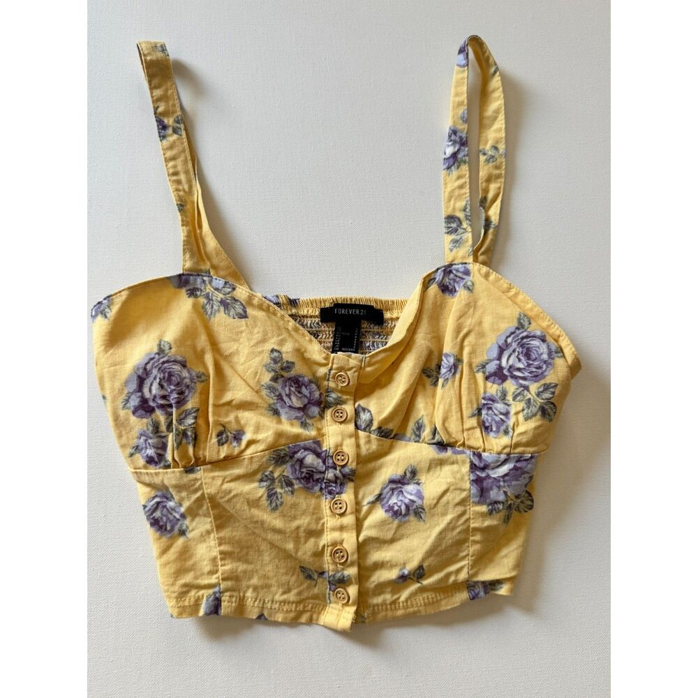 Forever 21 Small Yellow Purple Floral Button Front Crop Top Smocked Back Y2 0049